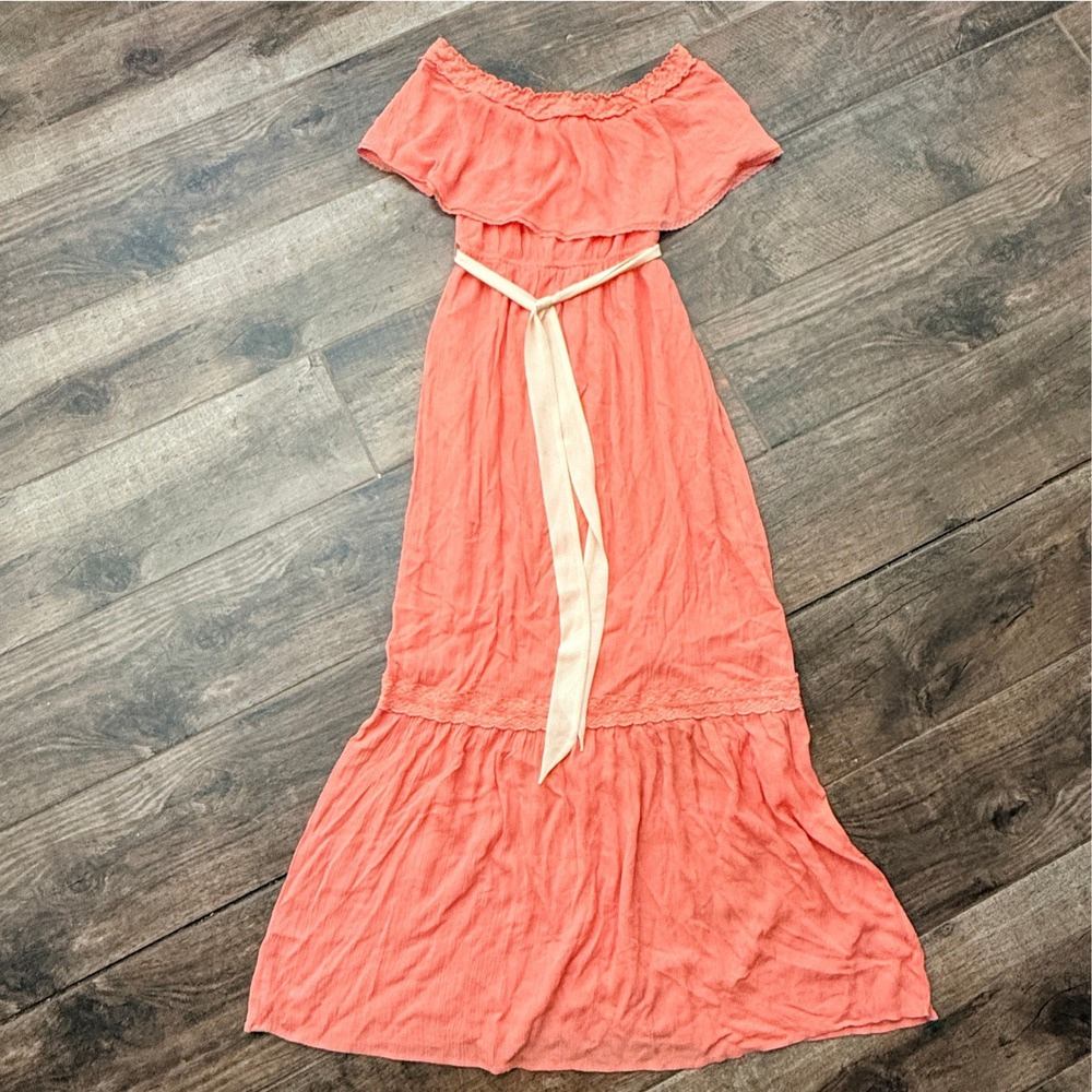 Addie Women's Boho Off The Shoulder‎ Crochet Lace Tiered Maxi Dress, Orange, S